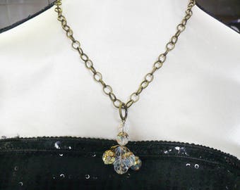 OOAK Vintage Gold/Brass AB Crystal Pendant Necklace - bronze tone metal - adjustable chain - repurposed vintage - vintage cluster crystals