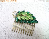 40% OFF SALE Vintage Bridal and Formal Hair Comb - gold tone - Shades of GREEN Rhinestones - Leaf Motif - vintage Wedding - Heirloom - Keeps