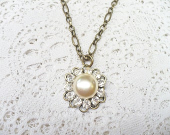 Vintage BRIDESMAID Ivory/Champagne PEARL and RHINESTONE Necklace - vintage wedding- Bridal gift- adjustable - gold or silver tone back/chain