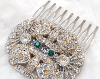 OOAK Vintage Authentic Art Deco Rhinestone Green/clear Hair Comb - silver tone metal - Bridal -gift- WEDDING - Formal 1920s-irish wedding