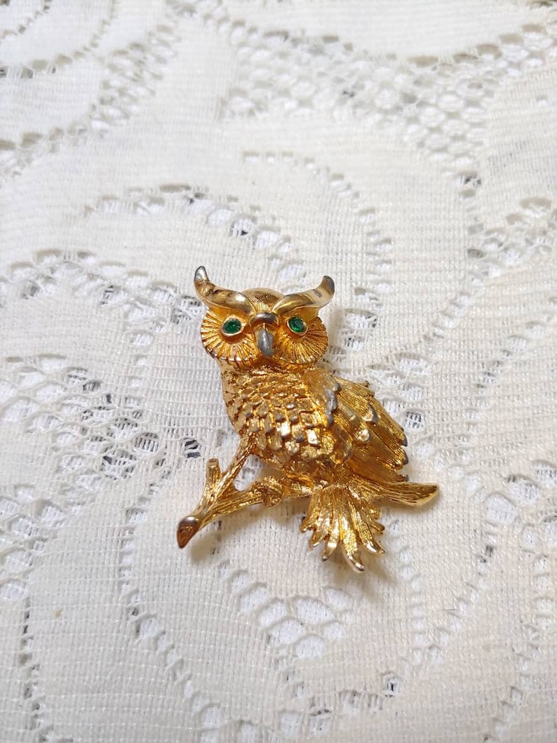 Vintage Gold OWL Brooch with Green Rhinestone Eyes Signed by MONET-Gold tone metal-substantial-wildlife brooch-owl jewelry-owl collector image 1