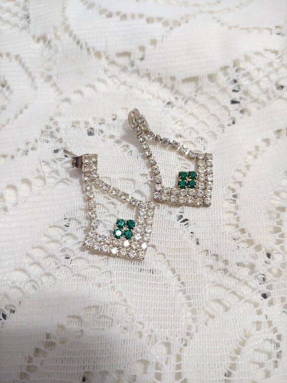 Stunning Vintage Silver GREEN/ Clear Rhinestone Ea