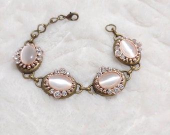 Handmade Vintage Inspired bronze tone metal rhinestone gold set white opalescent cabochon bracelet-bridesmaid gift-pinkish gold tone-ONE (1)