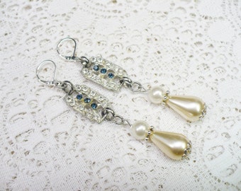 Authentic Vintage 1920s Art Deco Blue/Clear RHINESTONE and PEARL Earrings - silver tone metal - lever back ear wire - teardrop faux pearl