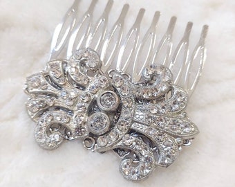 OOAK Vintage Authentic Art Deco Rhinestone Hair Comb - silver tone metal - Bridal -gift- WEDDING - Formal 1920s Art Deco - Bridesmaid gift