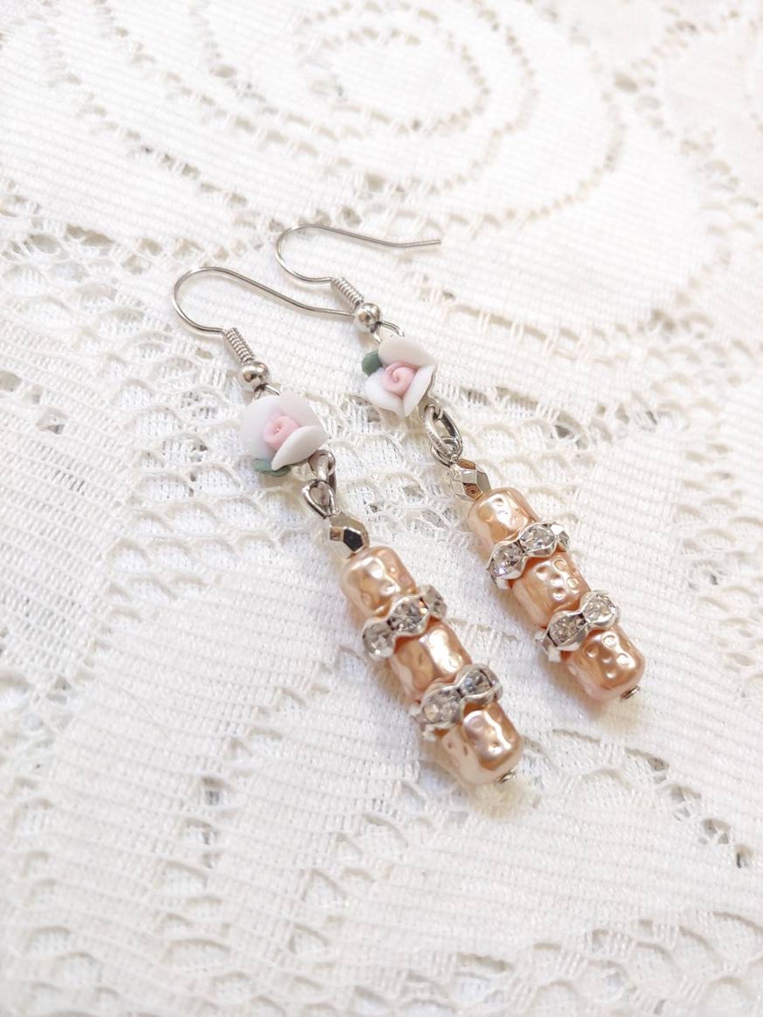 Handmade Vintage White and Pink Flower/pink Dimpled Squared Pearls With Rhinestone Rondelle