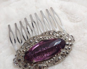 STUNNING Vintage PURPLE  Rhinestone Marcasite Brooch Repuposed Hair Comb - silver tone metal - VINTAGE wedding -bridesmaid gift-vintage gift