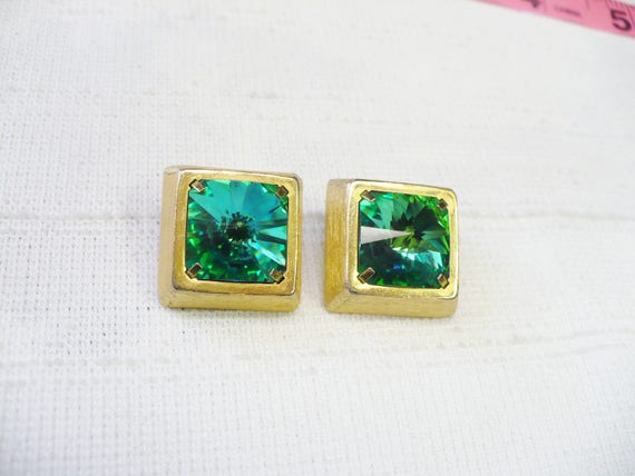 FABULOUS Vintage Green Rhinestone Earrings - gold… - image 2