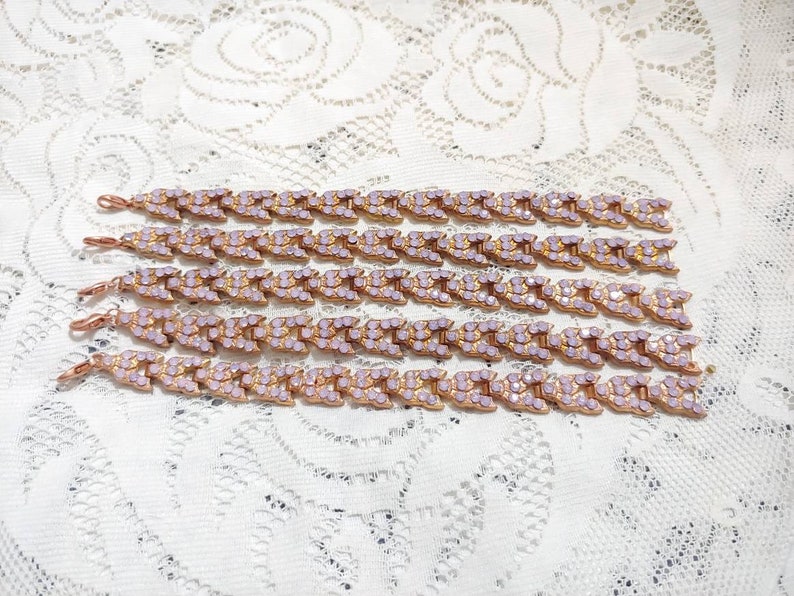 rose gold tone Bracelet with pinkpurple opalescent rhinestones-BRIDESMAID gifts-one Gorgeous Vintage Art Deco Copper tone pot metal 1