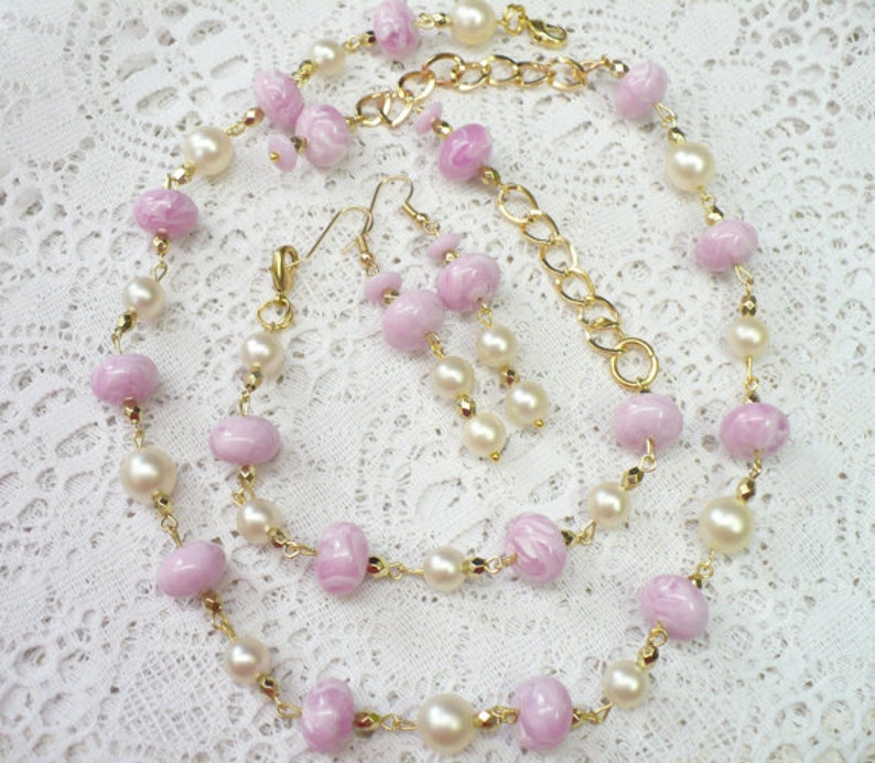 WEDDING- Bridesmaid Adjustable Pierced dangle gold tone OOAK Vintage Lavender BeadedIvory Matte PEARL NecklaceEarringsBracelet Set