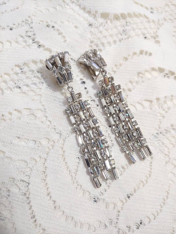 Stunning Vintage Silver Rhinestone Earrings - sil… - image 1
