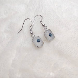 Vintage CAMPHOR GLASS Metallic Blue Rhinestone Center Earrings in silver tone metal-open back setting-hook ear wire pierced ears-blue bride