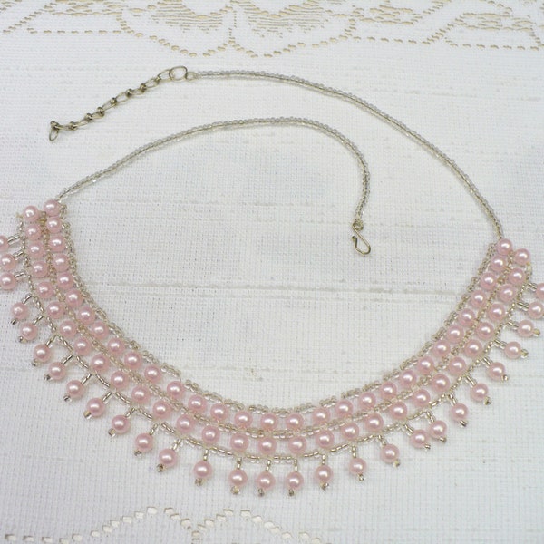 STUNNING Vintage Pink Pearl and Seed Bead Bib Necklace - silver tone metal  - multi row faux pearls  - Bridesmaid gift - Bridal formal gift