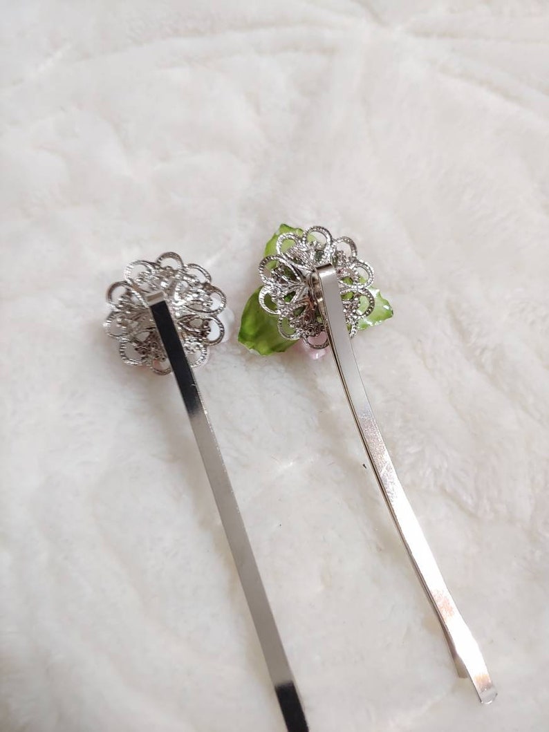 PAIR of vintage pink floral ceramic bobby pins-silver tone metal-repurposed vintage-wedding hair pins-set of 2-spring summer wedding hair