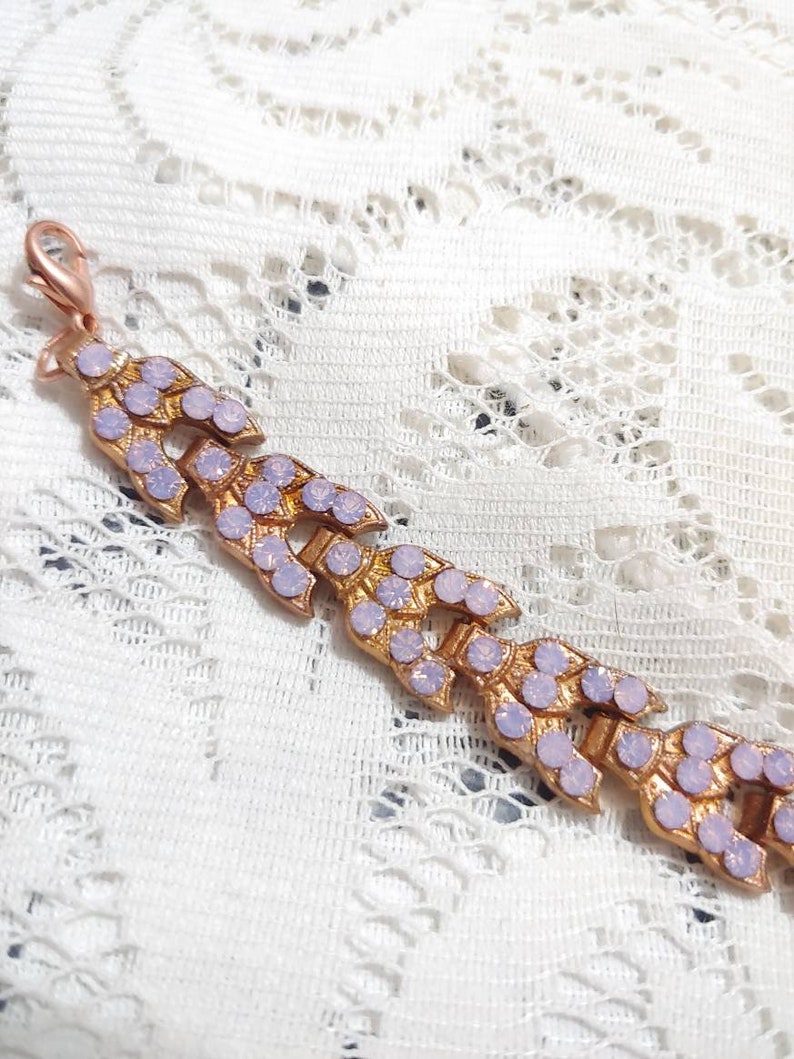 rose gold tone Bracelet with pinkpurple opalescent rhinestones-BRIDESMAID gifts-one Gorgeous Vintage Art Deco Copper tone pot metal 1