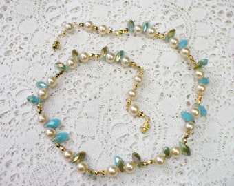 OOAK Vintage Hand Strung Ivory Pearl and Aqua/Ocean Blue Spashed Teardrop Bead Necklace- gold tone metal - gold tone accents - screw closure