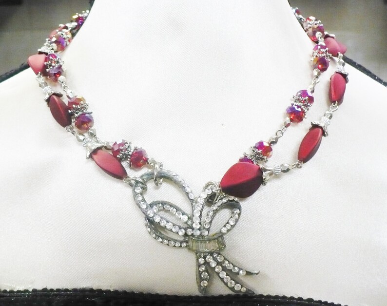 OOAK Vintage Authentic 1920s Rhinestone Art Deco PendantRed BeadedCrystal 2 Strand Necklace-silver tone-adjustable-GATSBY Bride-Bridesmaid
