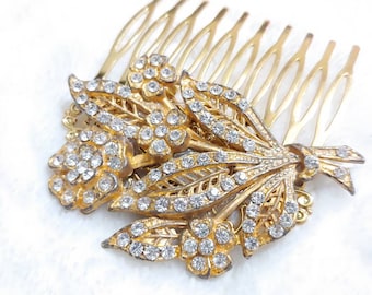 1920s art deco gold gilt rhinestone hair comb-rustic gatsby wedding-bridesmaid gift-gold tone metal comb-vintage repurposed-floral motif