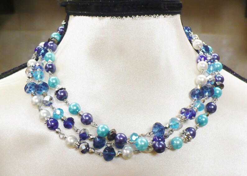 adjustable necklace Blue -AQUA OOAK Handmade 3 Strand PearlCrystal Necklace Bridesmaid- Something blue SILVER tone metal bridal