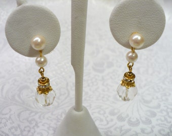 Vintage Faux PEARL-RHINESTONE and crystal earrings - dangle pierced - vintage WEDDING - bridal earrings - flower girl - bridesmaid - bride