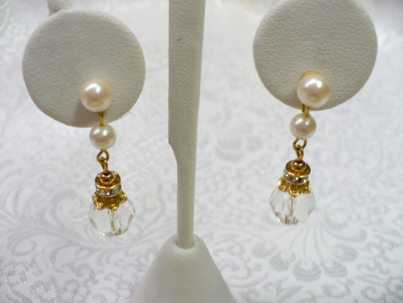 Vintage Faux PEARL-RHINESTONE and crystal earring… - image 1