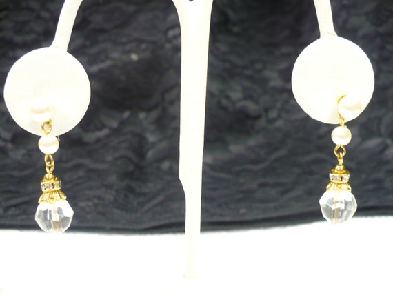 Vintage Faux PEARL-RHINESTONE and crystal earring… - image 2