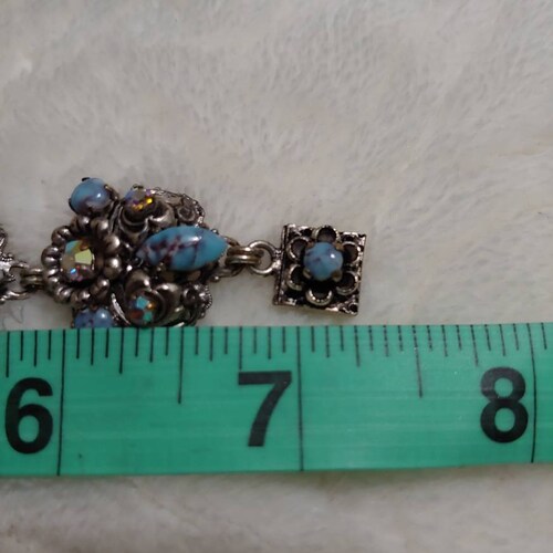Art Deco Vintage Turquoise and Aurora Borealis Rhinestone shops bracelet-antique silver tone metal-floral design-bridal something blue gift piece