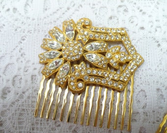 Authentic 1920s Vintage Art Deco RHINESTONE Hair Comb - Gold Wash pot metal - GATSBY Bridal - Vintage WEDDING - Flapper Style Comb - One (1)