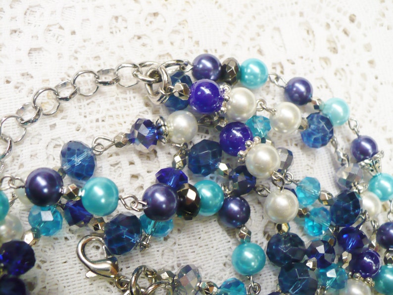 adjustable necklace Blue -AQUA OOAK Handmade 3 Strand PearlCrystal Necklace Bridesmaid- Something blue SILVER tone metal bridal