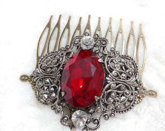 STUNNING Vintage RED Rhinestone Brooch Repuposed Hair Comb - bronze tone metal - Valentine wedding - bridesmaid-filigree design-winter bride