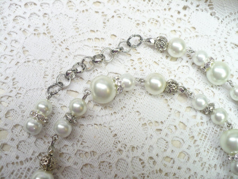 OOAK Vintage White PEARL Rhinestone Sarah Coventry Signed Necklace WEDDING piece white faux pearls Gift Bridesmaid-silver tone metal