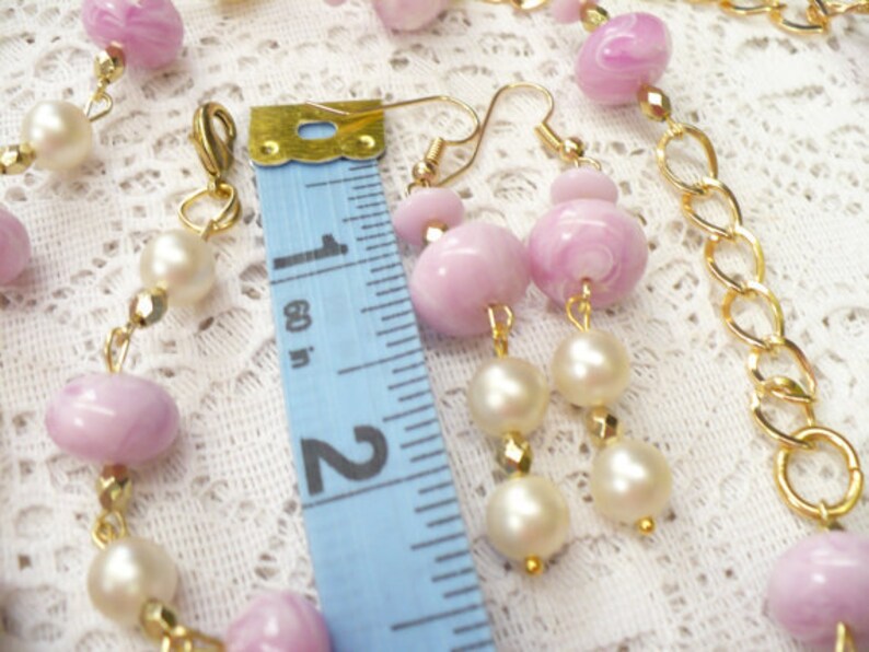 WEDDING- Bridesmaid Adjustable Pierced dangle gold tone OOAK Vintage Lavender BeadedIvory Matte PEARL NecklaceEarringsBracelet Set