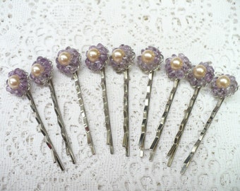 Vintage Peachy/Ivory Pearl -- Lavender Beaded Bobby Pins - vintage WEDDING - BRIDESMAIDS - Bridal hair pins - Purple - silver tone - One (1)