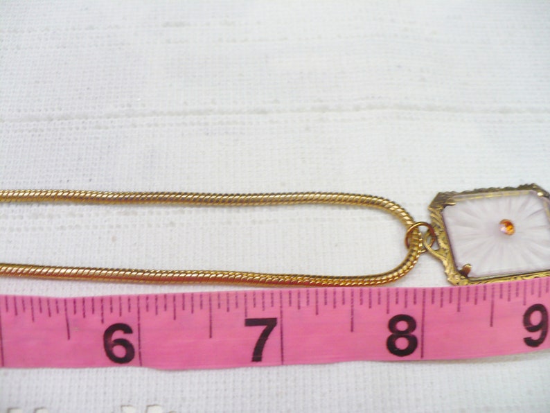 bronze tone frame setting bronzegold tone metal OUTSTANDING Vintage PINK Camphor Glass Pink Rhinestone Pendant Necklace snake chain