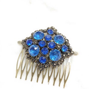 Vintage Stunning Authentic 1920s BLUE Rhinestone Art Deco Hair Comb gold gilt pot metal-GATSBY-1920s bridal-bridesmaid-something blue bride image 2