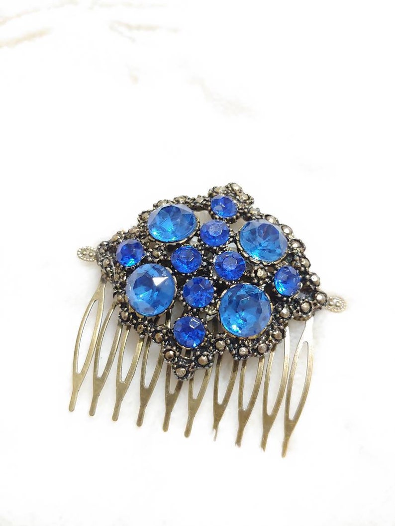 Vintage Stunning Authentic 1920s BLUE Rhinestone Art Deco Hair Comb gold gilt pot metal-GATSBY-1920s bridal-bridesmaid-something blue bride image 2