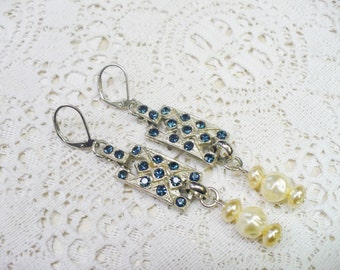 OOAK Authentic 1930s Art Deco Sapphire Blue RHINESTONE Pearl Earrings - Faux pearls - leverbacks- gift - silver tone ear wire-something blue