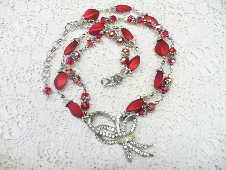 OOAK Vintage Authentic 1920s Rhinestone Art Deco PendantRed BeadedCrystal 2 Strand Necklace-silver tone-adjustable-GATSBY Bride-Bridesmaid