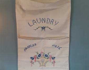 Vintage 1950s Hand Embroidered Laundry Bag Cotton Hankies Hose Separate Sections