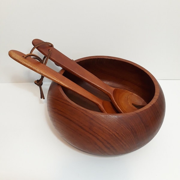 MCM Thai Goodwood Genuine Teak Wood Salad Bowl 10" Wide & Serving Fork / Spoon