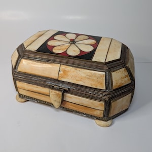 Moroccan Inlaid Bone and Brass Lidded Trinket or Jewelry Box