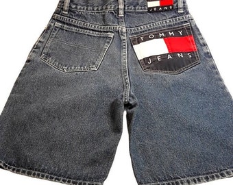 Vintage 90's Tommy Jeans Shorts Spell Out Flag High Waisted Long Leg Denim