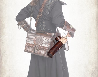May include: A person wearing a long black coat with a brown leather satchel and a brown leather quiver. The person is wearing a brown leather belt with a silver buckle. The person is also wearing a brown leather wrist cuff with a silver buckle. The person is standing in front of a white background.