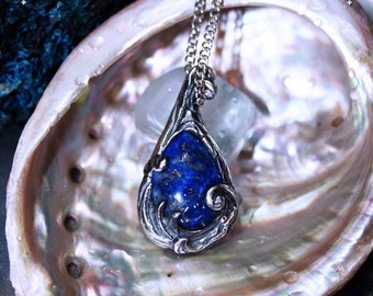 Sterling silver water element pendant - Handmade medieval water lapis lazuli necklace in silver