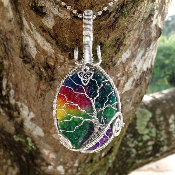 Tree of Life Pendant covering Vividly Stunning Rainbow Druzy Quartz with Triquetra Charm