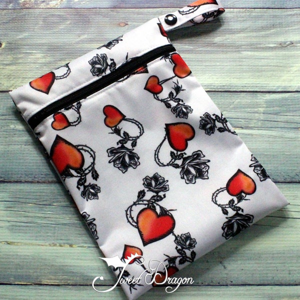 Large Personal Wet Bag - Tattoo Hearts PUL with Black Zipper