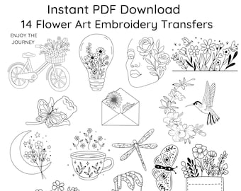 14 Flower Art BUNDLE  Floral Embroidery Transfers ~Patterns Only~ Instant PDF Download for DIY Printing on Stick & Stitch Stabilizer Sheets