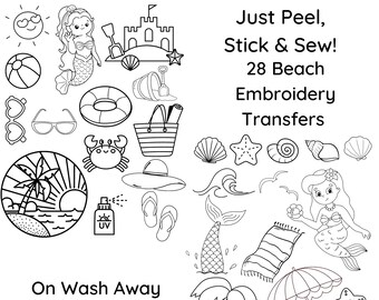 28 Beach Lover Hand Embroidery Design Patterns on Stick and Stitch Water Soluble Stabilizer-Ready to Use Peel Stick & Sew