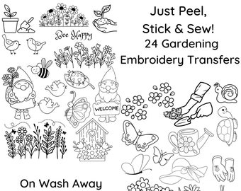 24 Garden Flower Hand Embroidery Design Patterns on Stick and Stitch Water Soluble Stabilizer-Ready to Use Peel Stick & Sew!