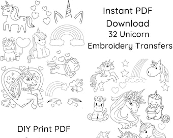 32 Unicorn Lovers PDF BUNDLE Embroidery Transfers ~Pattern Only~ Instant Download for DIY Printing on Stick & Stitch Stabilizer Sheets